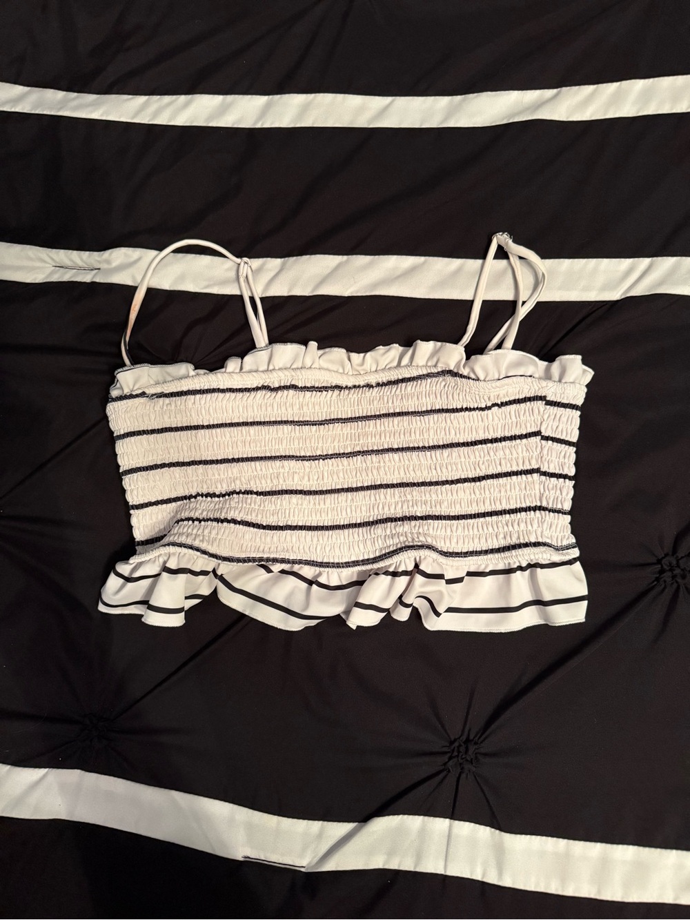 Striped White & Black Smocked Ruffle Swim Top